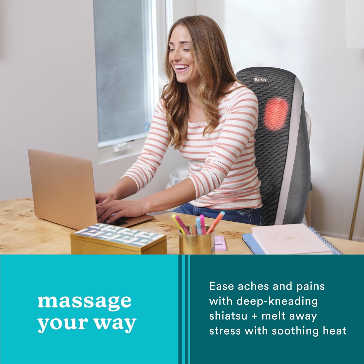 Homedics Portable Heating and Vibrating Back Massage Cushion with Adjustable Intensity and Integrated Straps